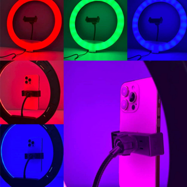 Кольцевая лампа RGB LED 45 см с усиленным штативом Linсo, Цветная Кольцевая лампа с держателем к телефону J374 фото